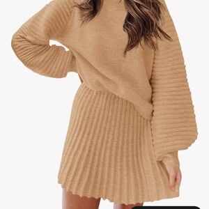 Elegant Tan Ribbed Knit Set